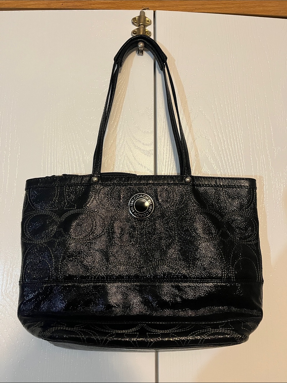 Coach Signature Stripe Stitched Patent Leather Tote